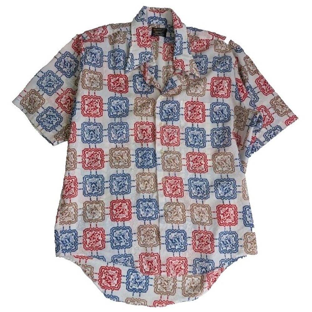 Vintage 70s Towncraft Penn Prest Shirt L Geometric Disco Point Collar JCPenney